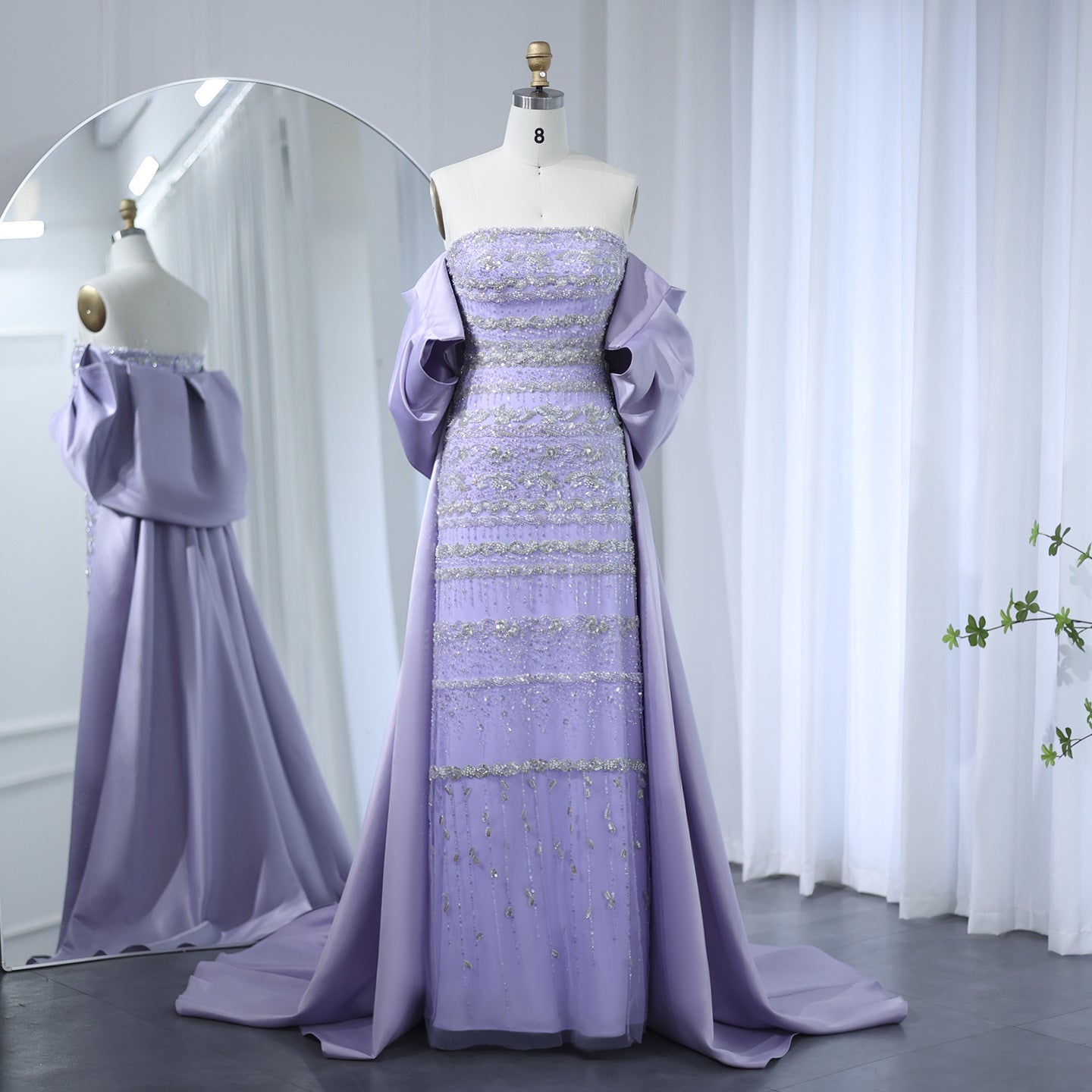 Foreign Trade Tube Top Heavy Industry Beads Off-shoulder Satin Trailing Evening Dress - kinko