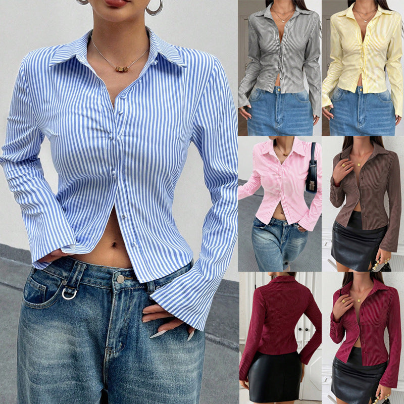 Fashion Casual All-match V-neck Striped Long Sleeve Shirt Top - kinko