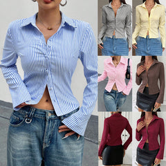 Fashion Casual All-match V-neck Striped Long Sleeve Shirt Top - kinko