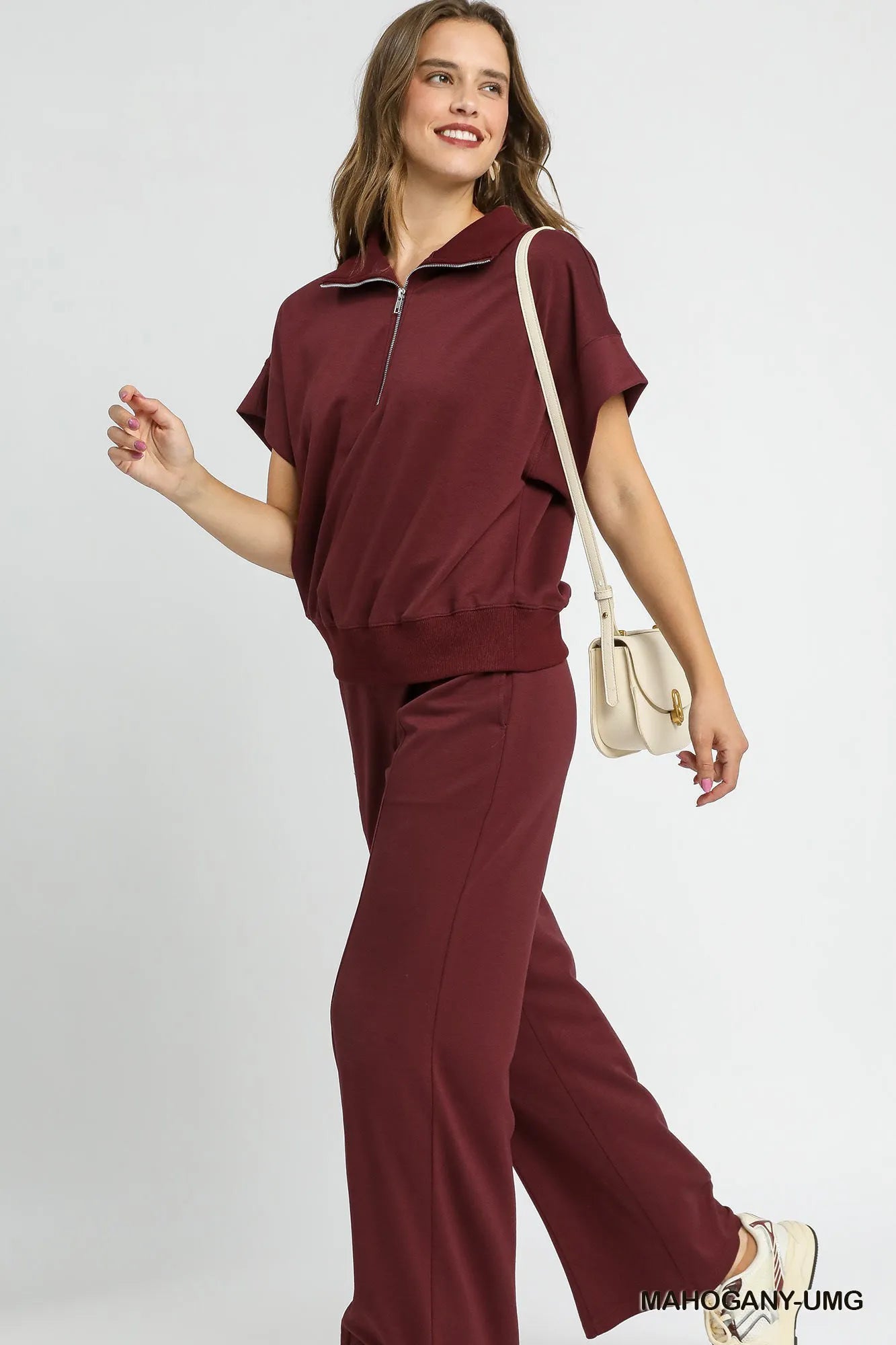 Umgee Full Size Half-Zip Short Sleeve Top Plus Size - kinko