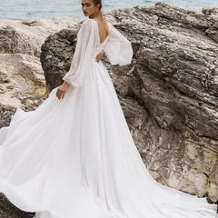 European And American High Waist Plus Size Deep V Long Sleeve Mopping Backless Wedding Dress High Slit - kinko