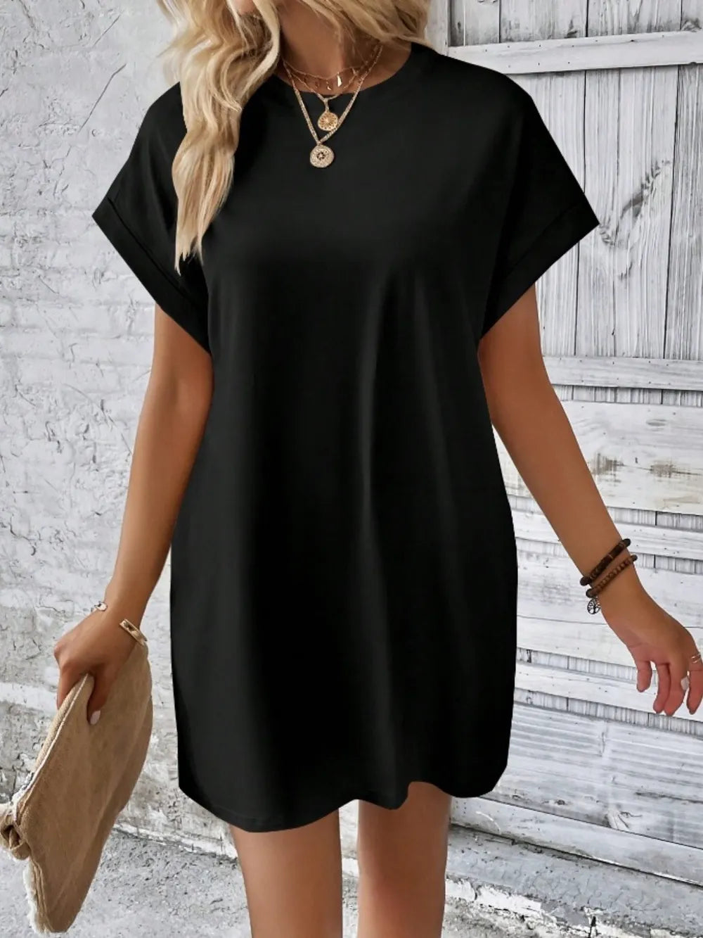 Pocketed Round Neck Short Sleeve Dress - kinko