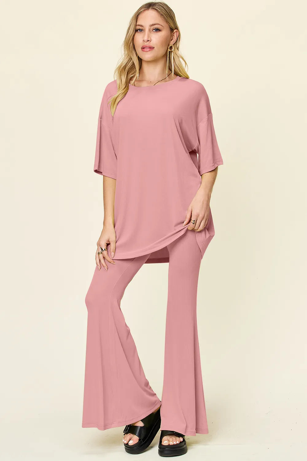 Double Take Full Size Round Neck Drop Shoulder T-Shirt and Flare Pants Set - kinko