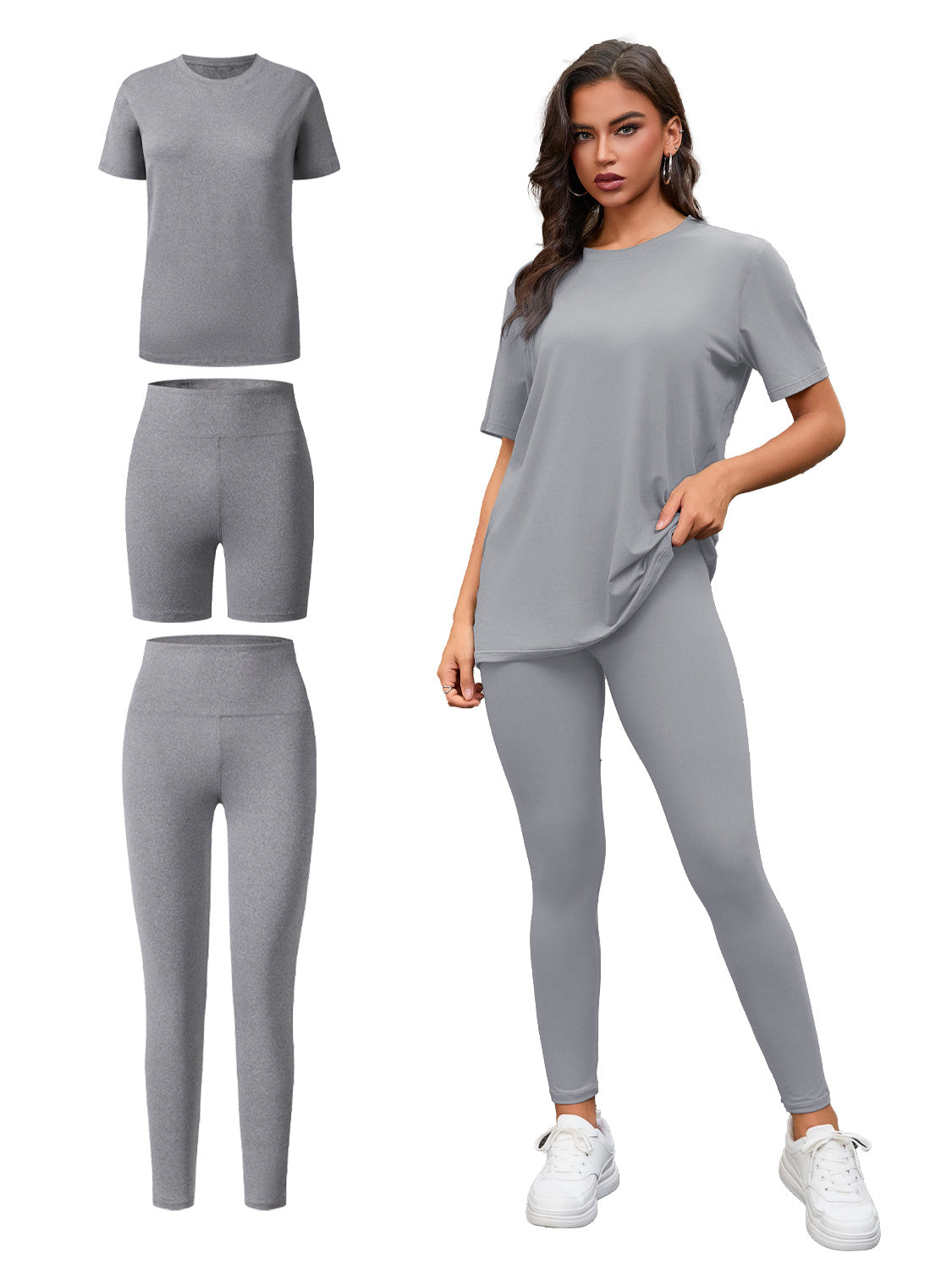 Three Piece Set, Round Neck Short Sleeved Top And Shorts And Pants Set, Sports And Casual Clothing - kinko