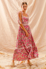SO ME Floral Maxi Dress With Ribbon Tie Lace Strap - kinko