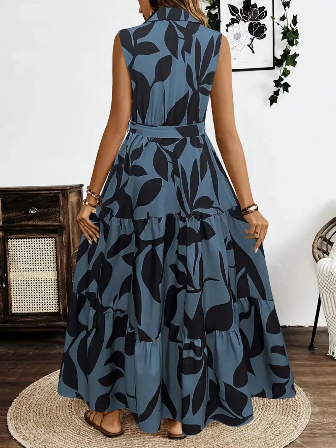 Printed Tie Waist Sleeveless Maxi Dress - kinko