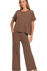 Zenana Cotton Slub Top & Pants Set - kinko