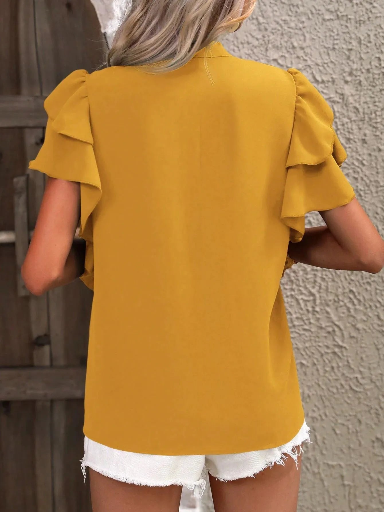 Ruffle Sleeve Notched Blouse - kinko