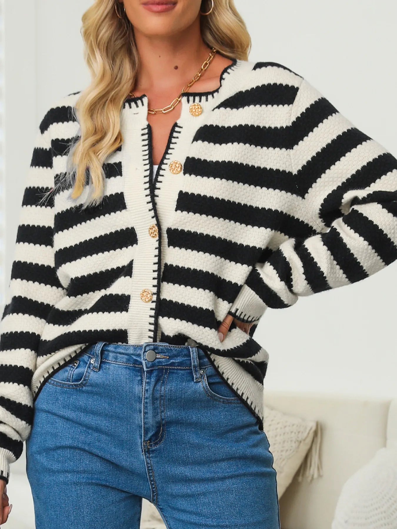 Button Down Striped Long Sleeve Cardigan - kinko