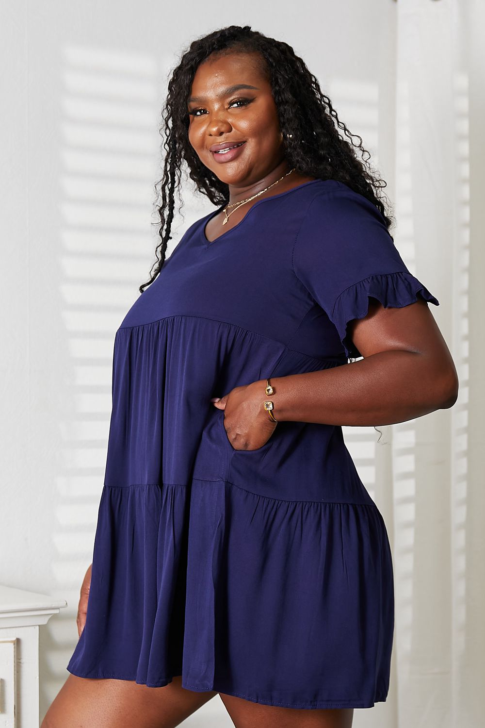 Mandy V-Neck Flounce Sleeve Tiered Dress - kinko
