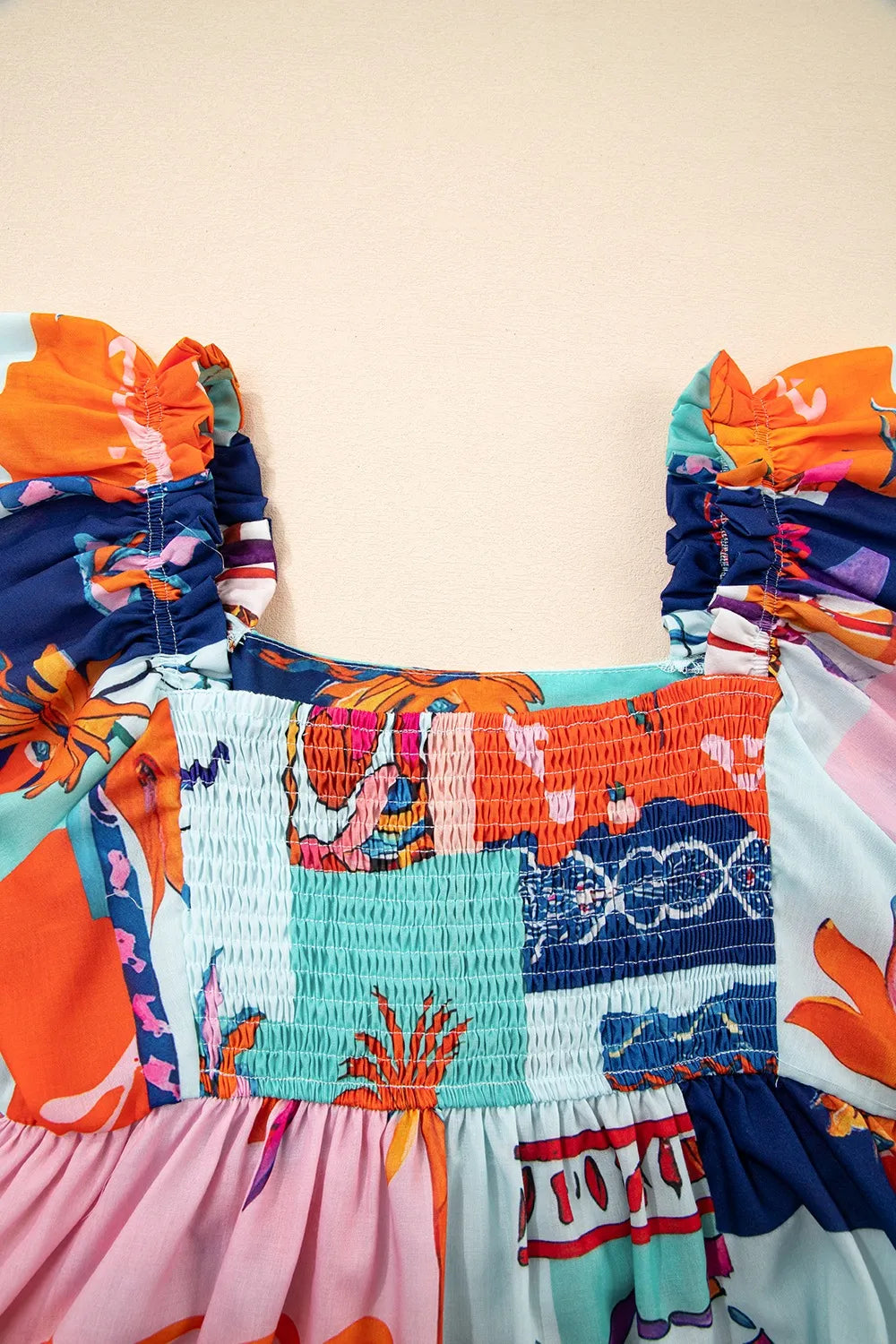 Printed Square Neck Ruffled Short Sleeve Blouse - kinko