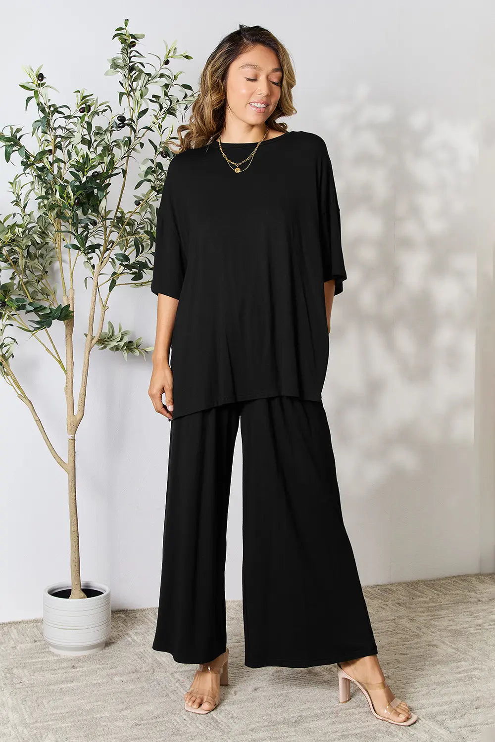 Double Take Full Size Round Neck Slit Top and Pants Set - kinko