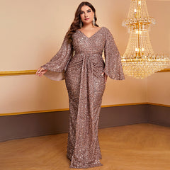 Women's Sequin Long Sleeved V-neck Pleated Dress - kinko