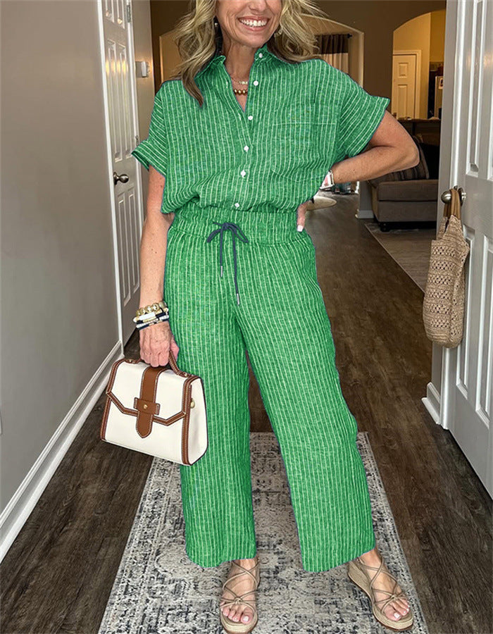 Women's Striped Suit Lapel Short Sleeve Straight Idle Style Trousers - kinko
