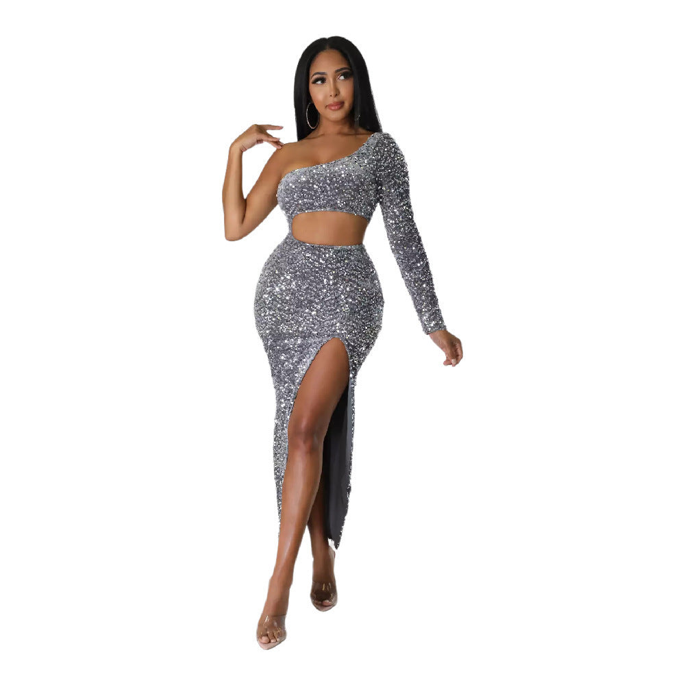 One-shoulder Fashionable Sequins Sexy Navel Split Hip Women's Clothing Dress - kinko