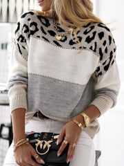 Leopard Color Block Round Neck Long Sleeve Sweater - kinko