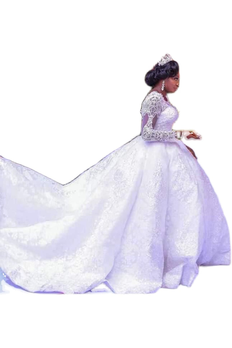 Lace African Wedding Dress Long Sleeves Round Neck Big Tail Tutu Skirt - kinko