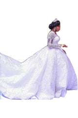 Lace African Wedding Dress Long Sleeves Round Neck Big Tail Tutu Skirt - kinko