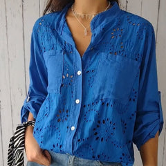 Women's Casual Hollow-out Design Pocket Long Sleeve Button-down Shirt - kinko