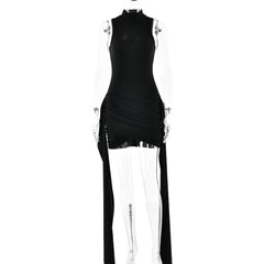 Women's Sexy Sleeveless Bodycon Mini Dress With Side Slit & Tie Detail - Stretchy Clubwear Party Dress - kinko