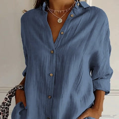 Women's Solid Color Loose, Comfortable, Simple And Versatile Lapel Long Sleeved Shirt Top - kinko