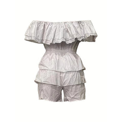 Womens Sexy Off Shoulder Rompers Summer Ruffle Short Sleeve Tiered Short Jumpsuits - kinko