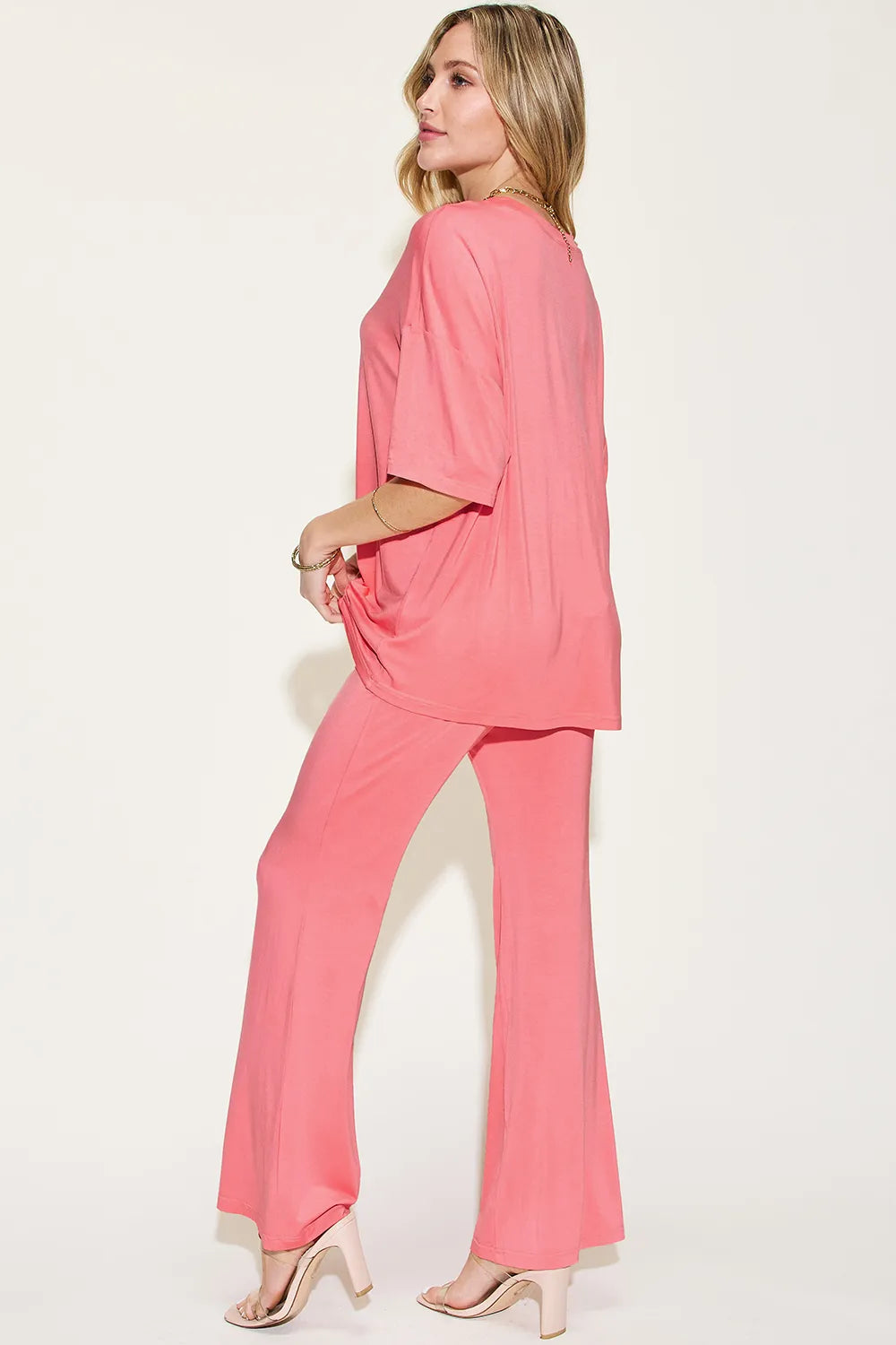 Basic Bae Full Size Bamboo Drop Shoulder T-Shirt and Flare Pants Set - kinko