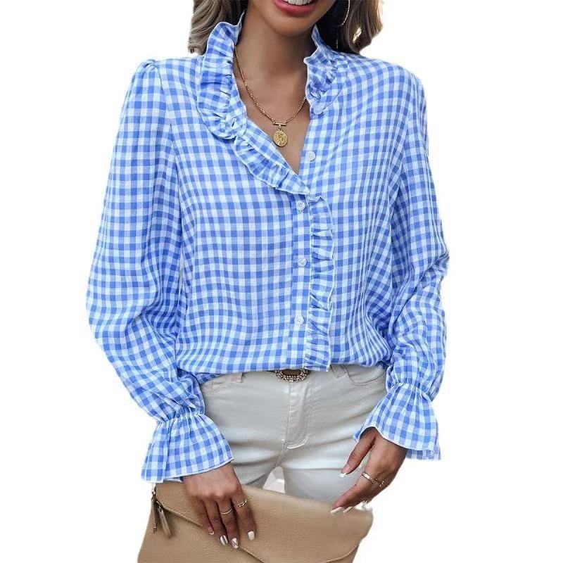 Women's French-style Plaid Shirt With Wooden Ears - kinko
