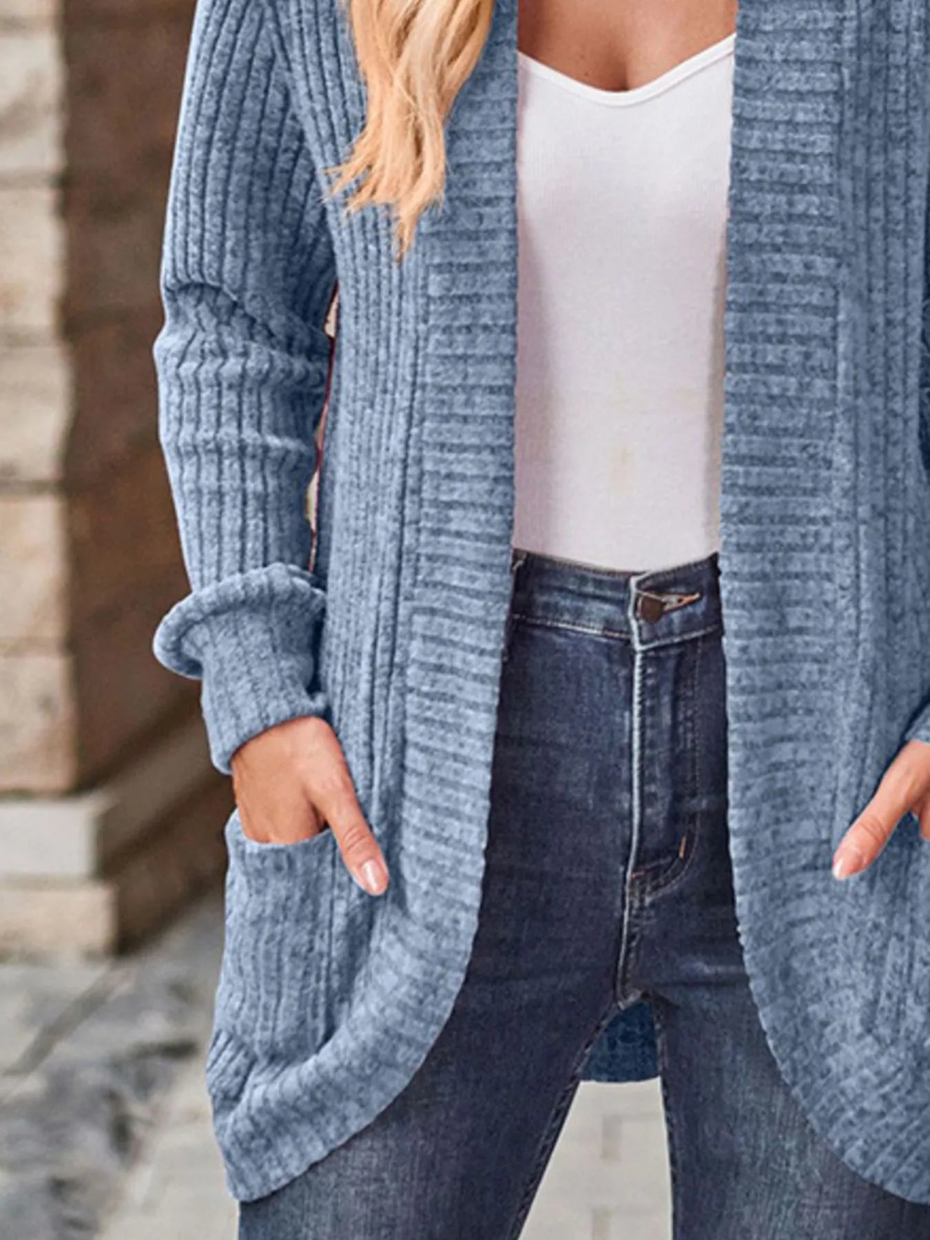 Ribbed Knit Open Front Cardigan with Pockets - kinko