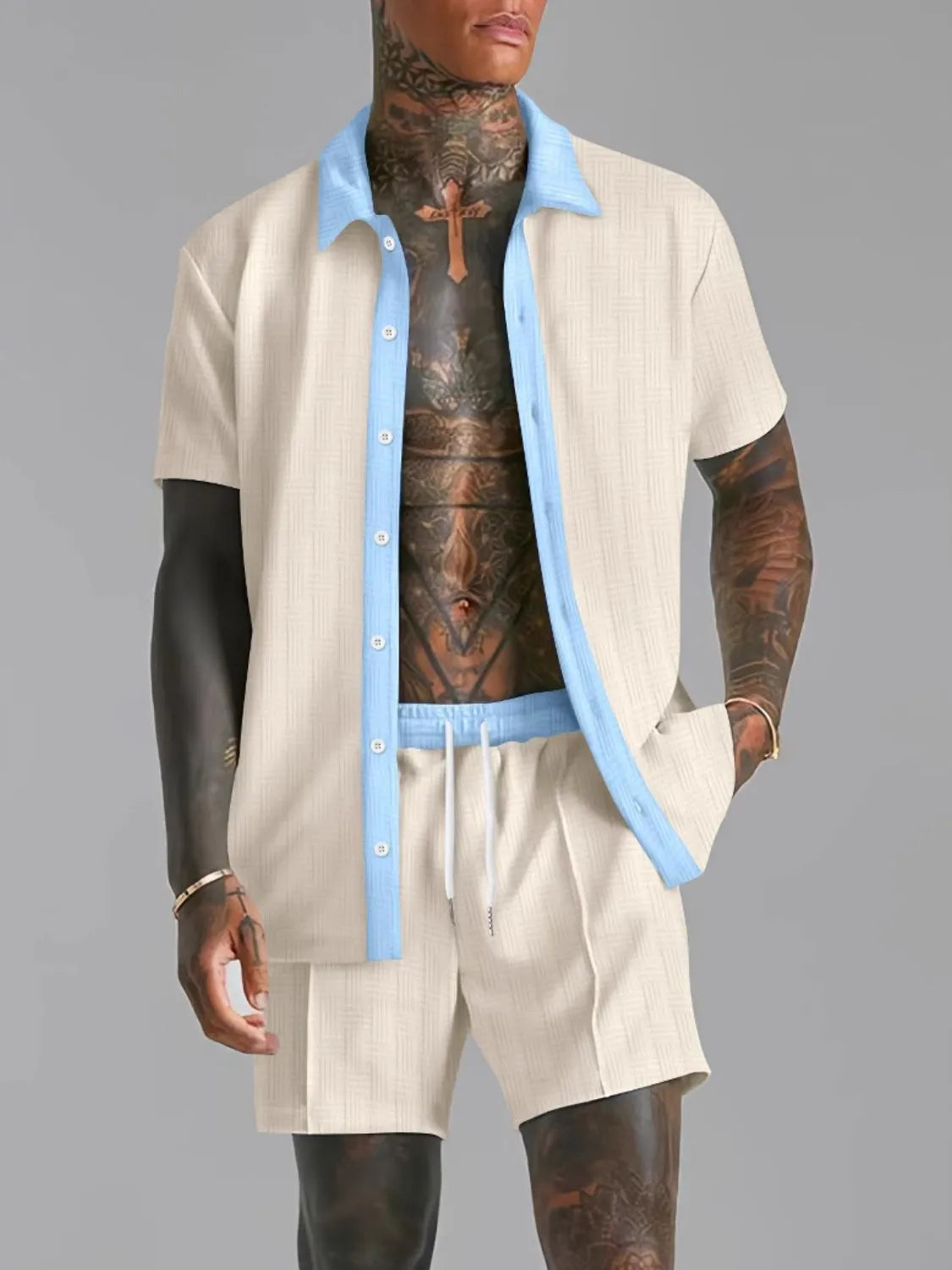 Men's Full Size Collared Neck Short Sleeve Top and Shorts Set Plus Size - kinko