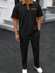 Men's Full Size Waffle-Knit Contrast Polo and Pants Set Plus Size - kinko