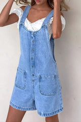 Button Front Denim Overall Shorts with Front Pockets - kinko