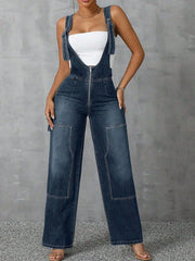 Zip Front Wide Strap Denim Overalls - kinko