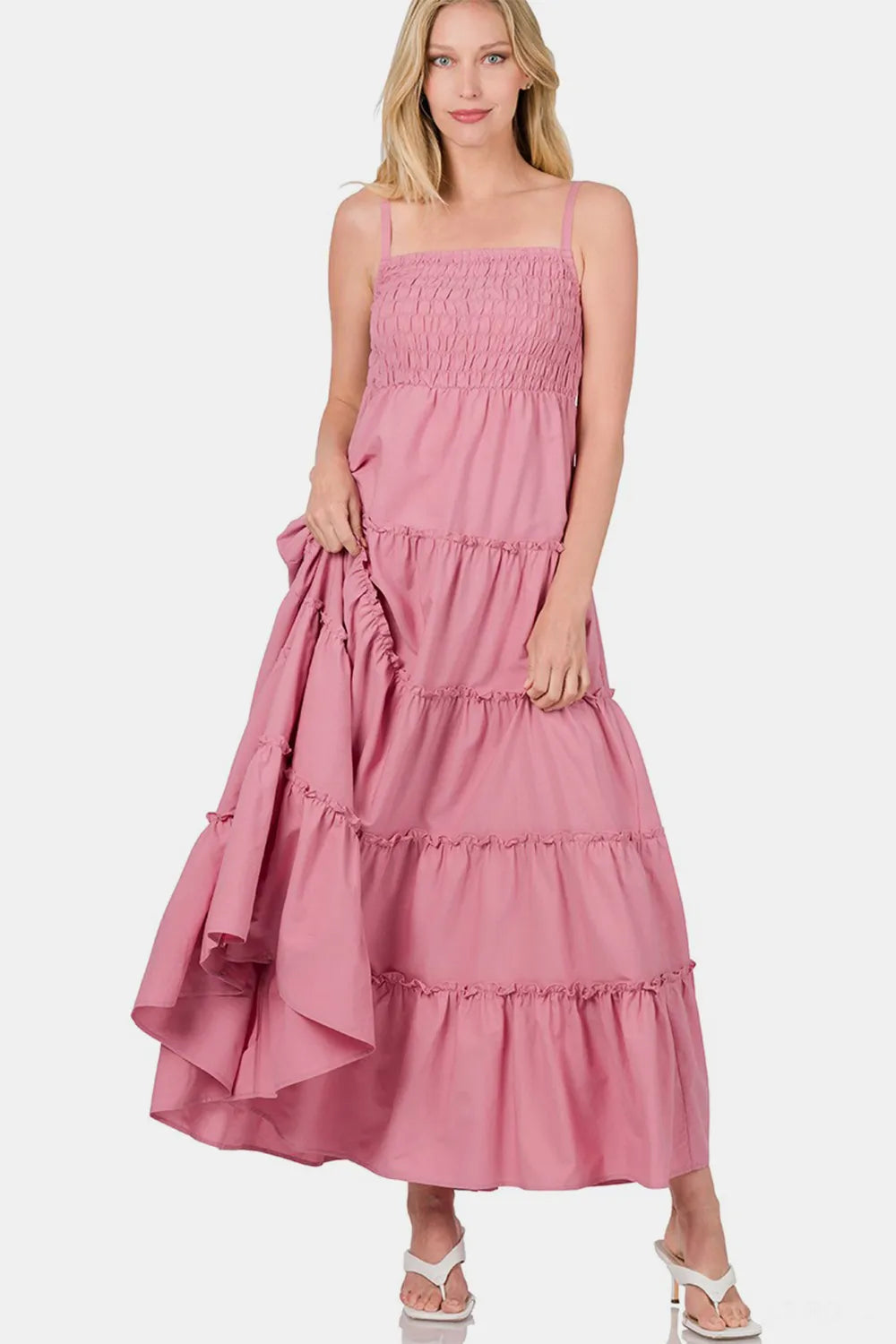 Zenana Woven Smocked Tiered Cami Maxi Dress - kinko