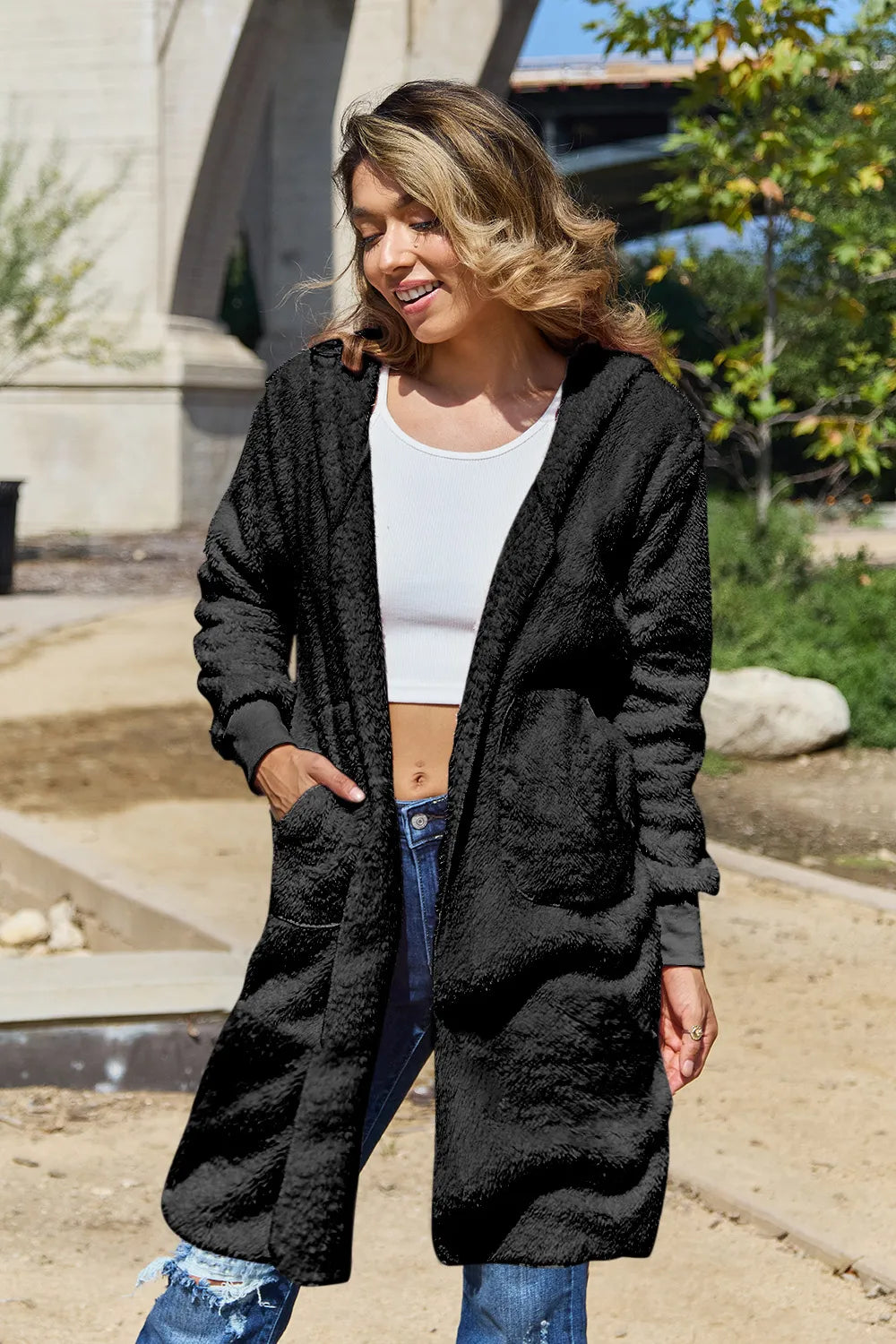 Double Take Full Size Hooded Teddy Bear Jacket with Thumbholes - kinko