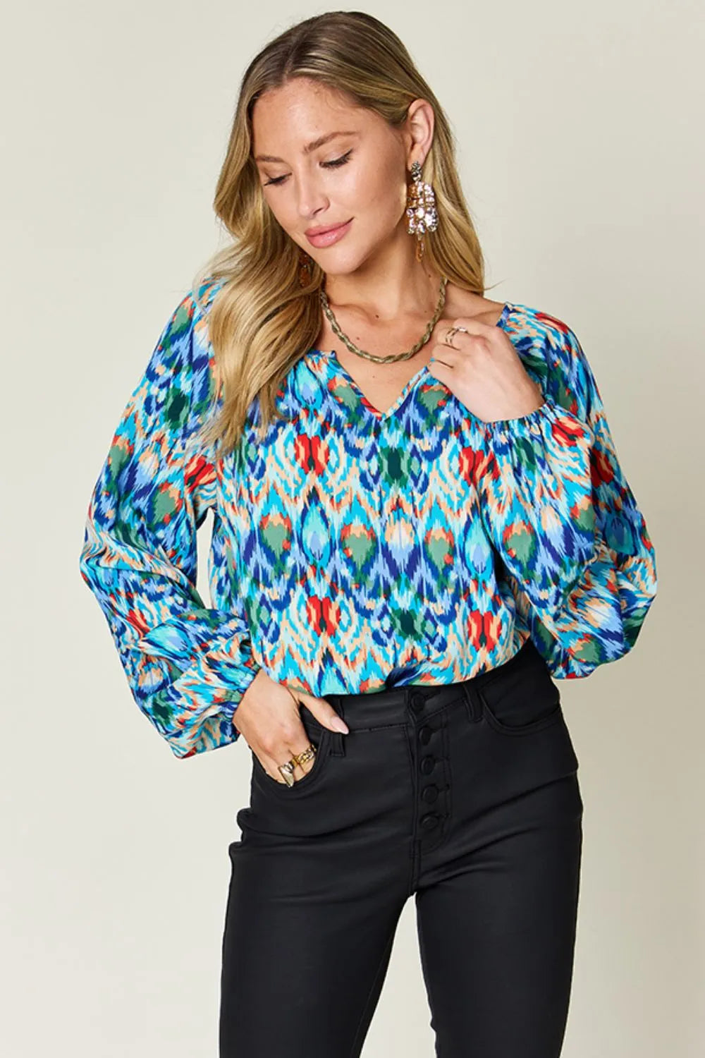 Double Take Full Size Printed Balloon Sleeve Blouse - kinko
