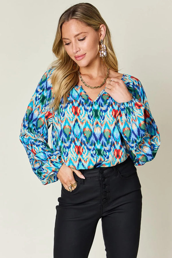 Double Take Bluse in voller Größe mit Ballonärmeln und Print