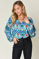 Double Take Full Size Printed Balloon Sleeve Blouse - kinko