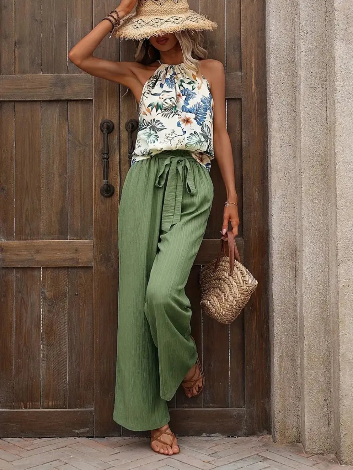 Printed Tank Top and Wide Leg Pants Set - kinko