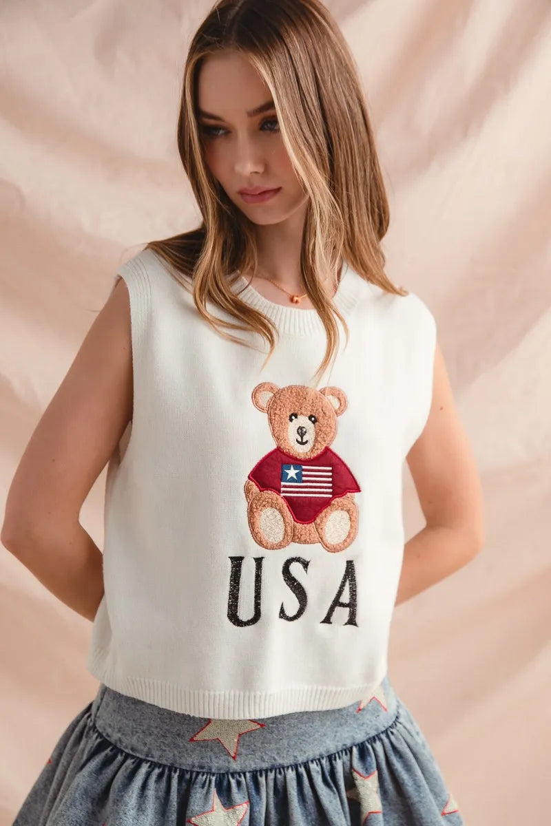 SO ME Teddy Bear Wearing An American Flag With Usa Embroidered Sweater Vest - kinko