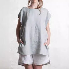 Round Neck Front Short Back Long Short Sleeve Top For Women - kinko