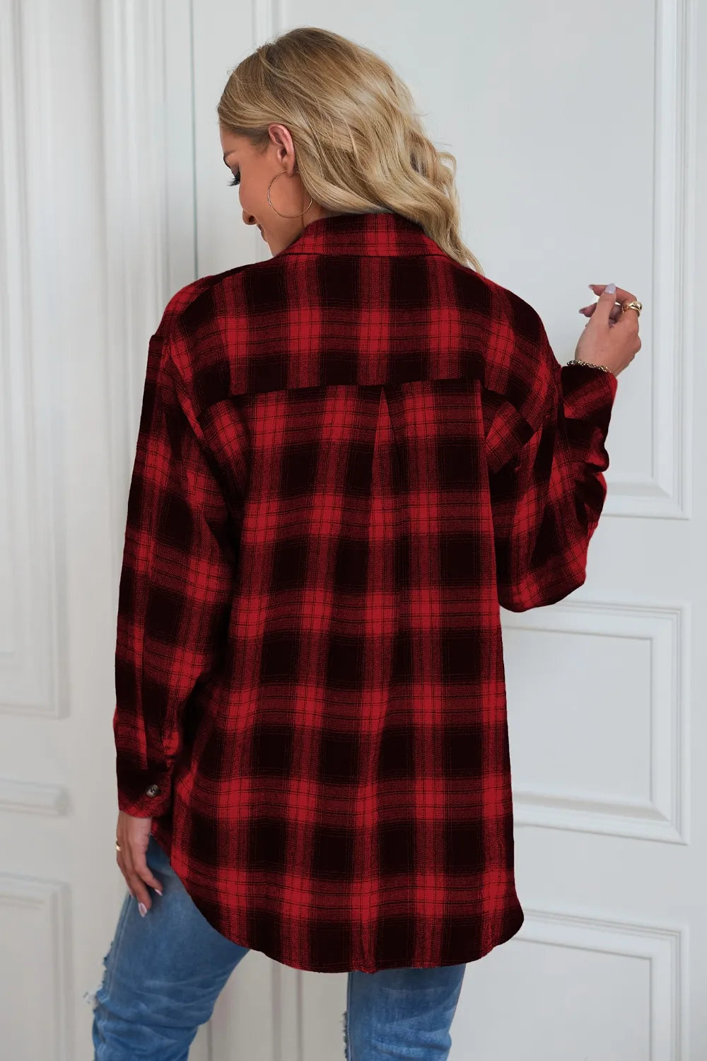 Plaid Button Up Dropped Shoulder Outerwear - kinko