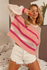 BiBi Hollow Out Yoke Detail Striped Sweater - kinko